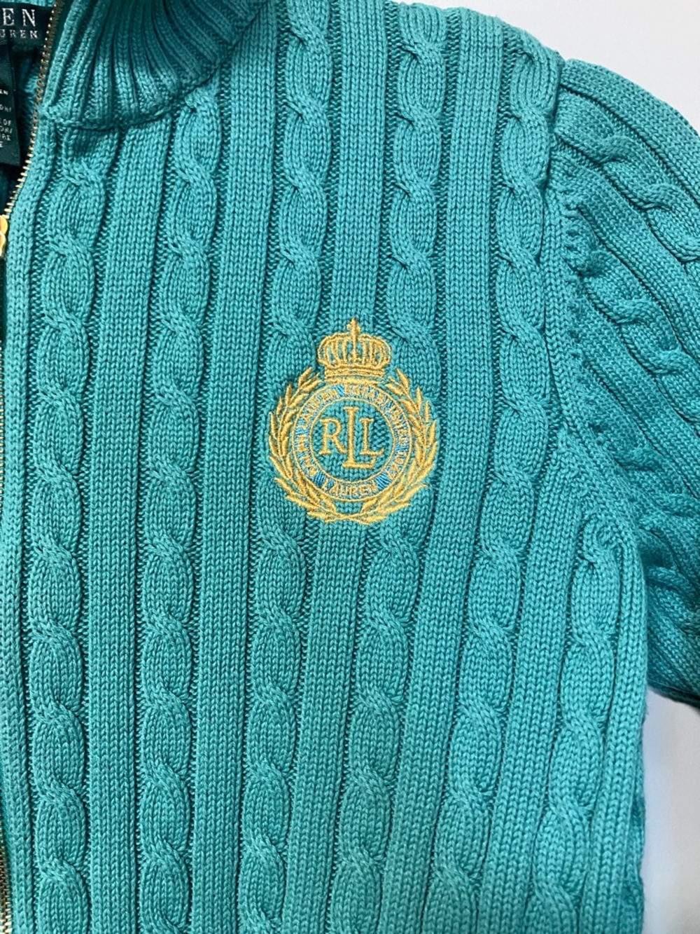 Ralph Lauren Green Turquoise Cable-Knit Full-Zip Sweater with Crest - Picture 2 of 5
